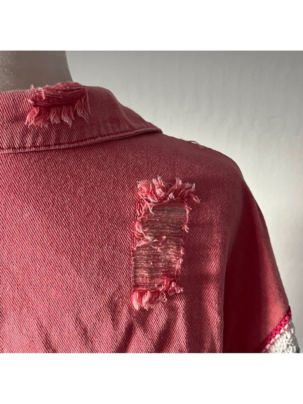 POL Cropped Pink Denim Distressed Jacket with Crochet Sleeves - Size Large - Picture 5 of 16